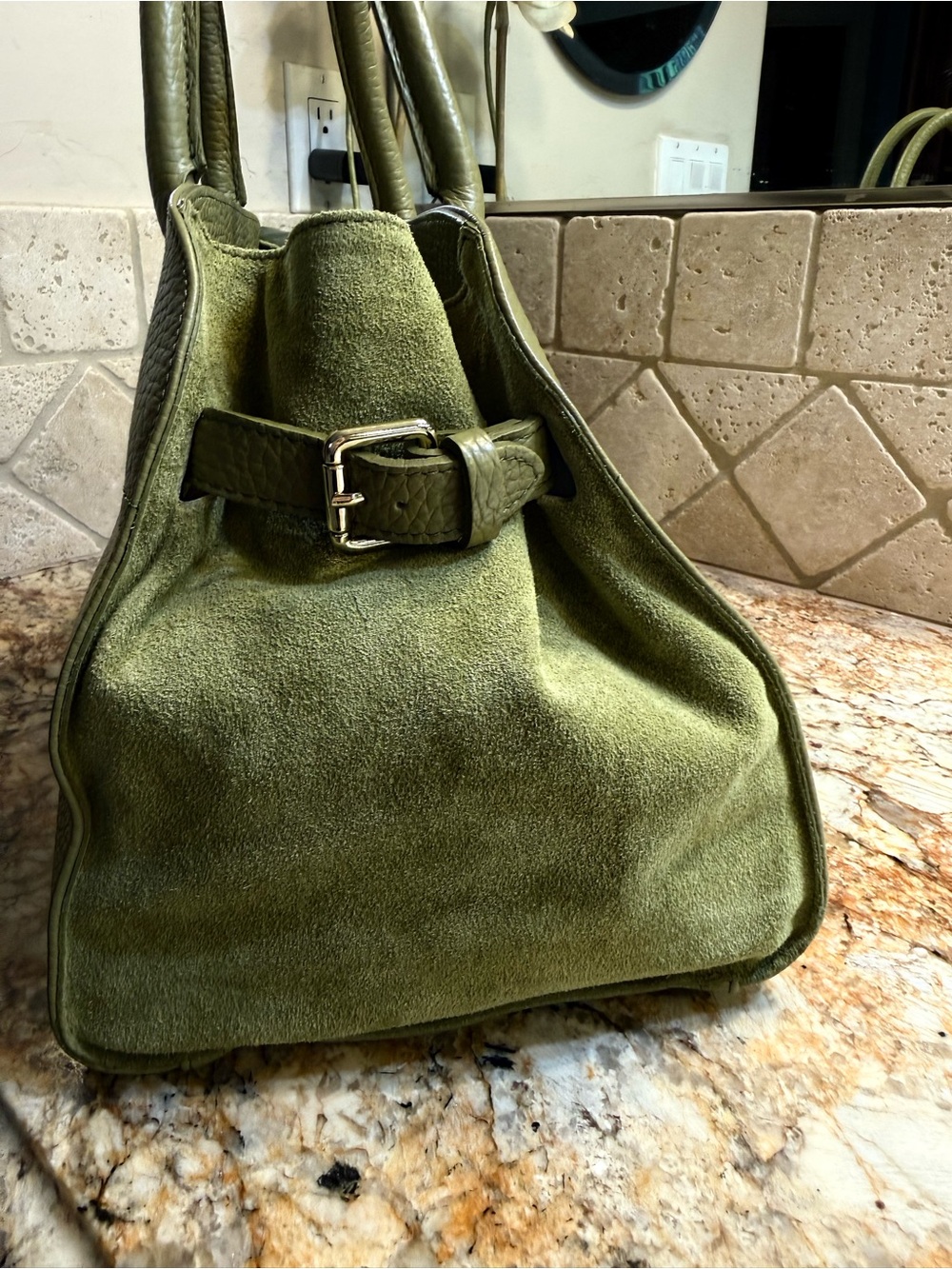 Anna Paola Classic Pebbled Leather Dome Satchel Travel Olive Made In Italy NE - Picture 4 of 11